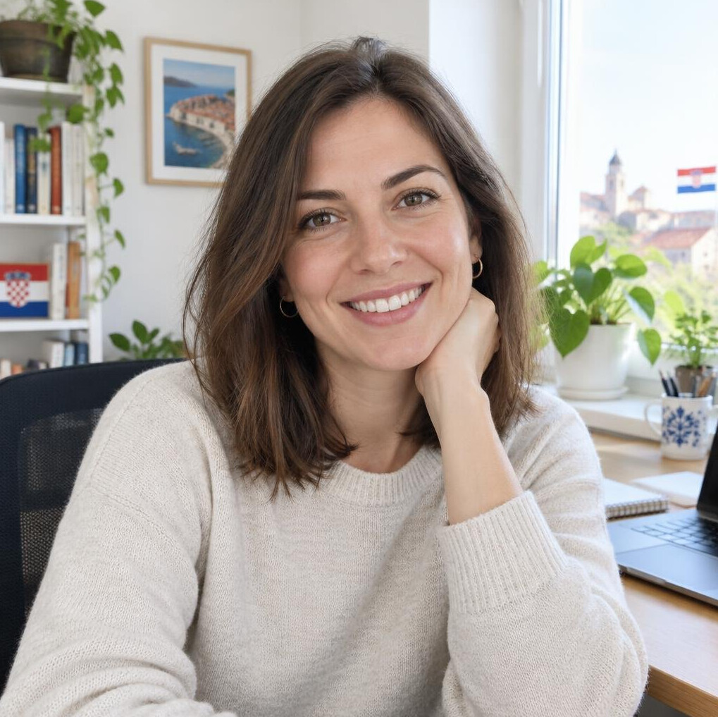 Portrait of a smiling Croatian woman in her thirties at home