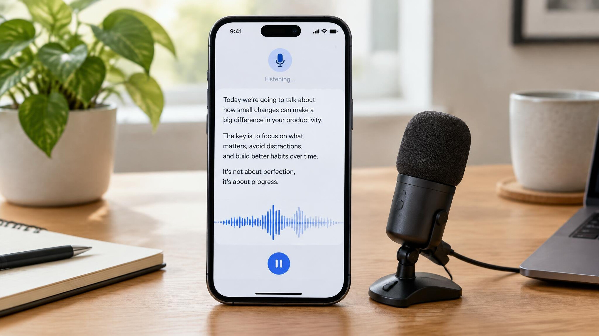 Smartphone with a speech-to-text transcription app showing subtitles