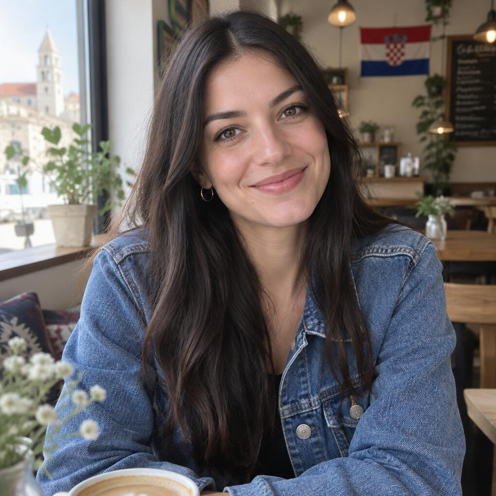 Portrait of a smiling young Croatian woman with long dark hair