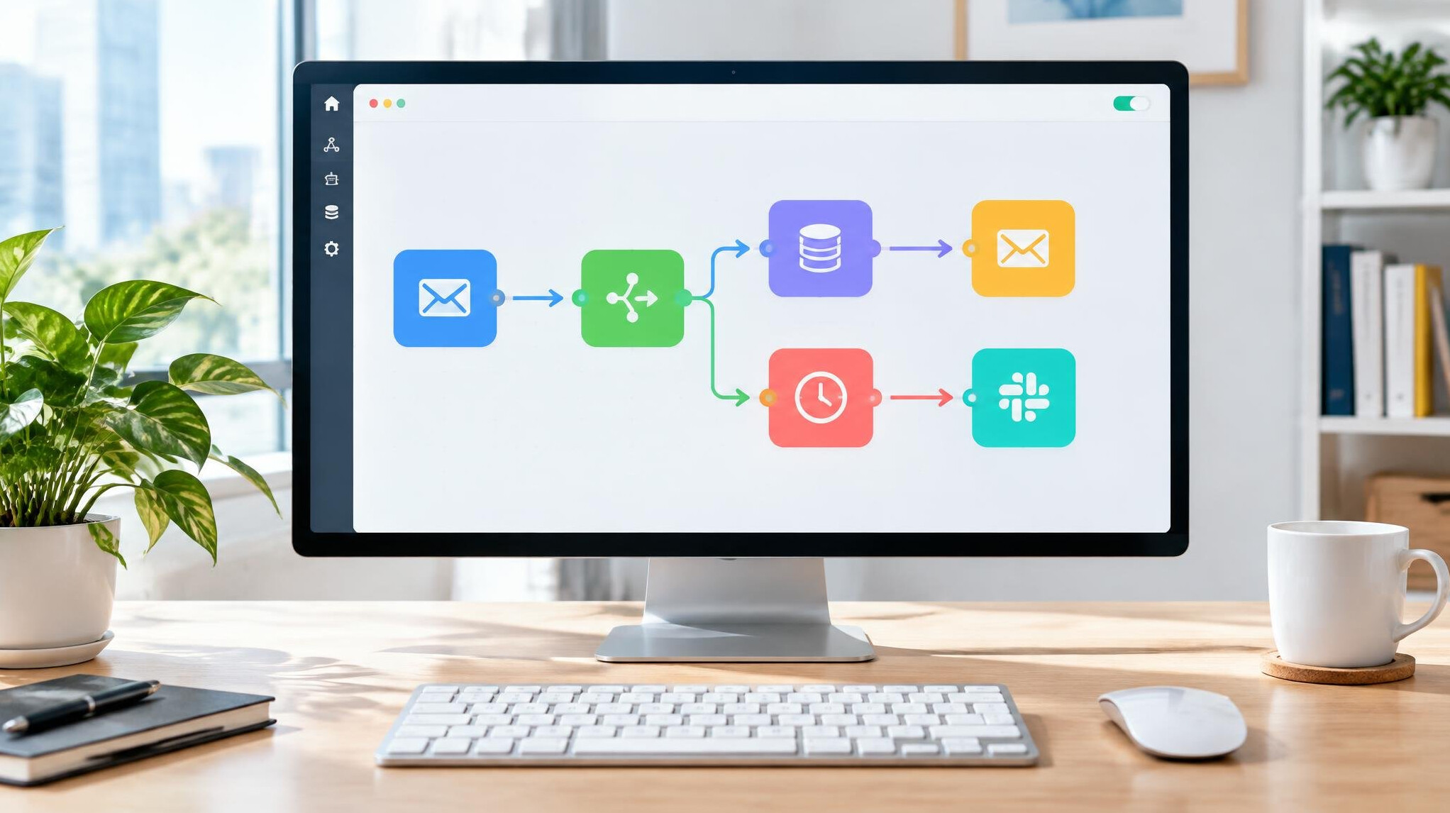 Monitor displaying a simple visual automation workflow with connected blocks