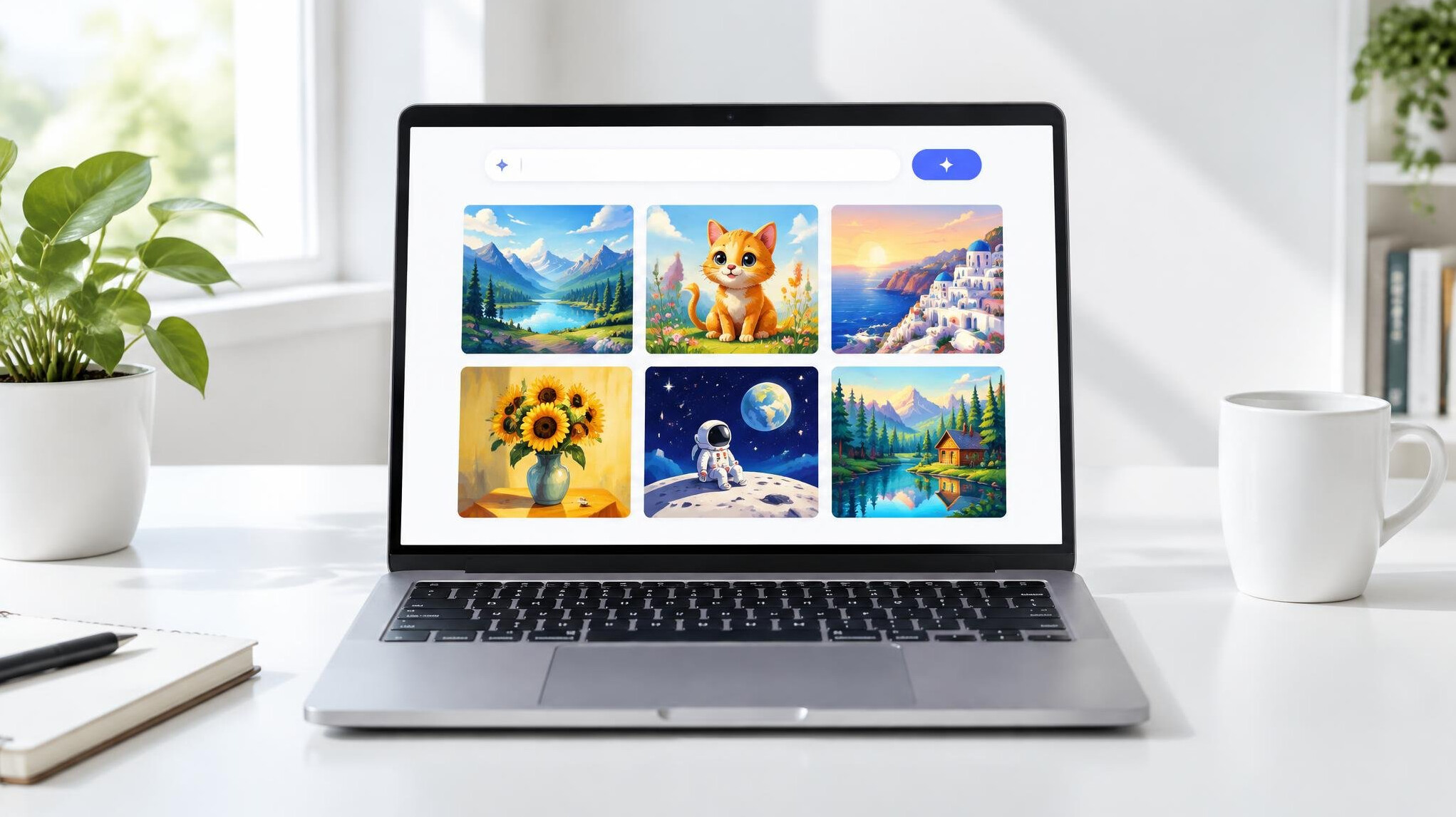 Laptop screen with an AI image generator interface and colorful illustrations
