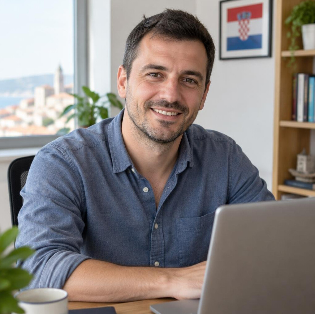 Portrait of a smiling Croatian man in his late thirties with short dark hair