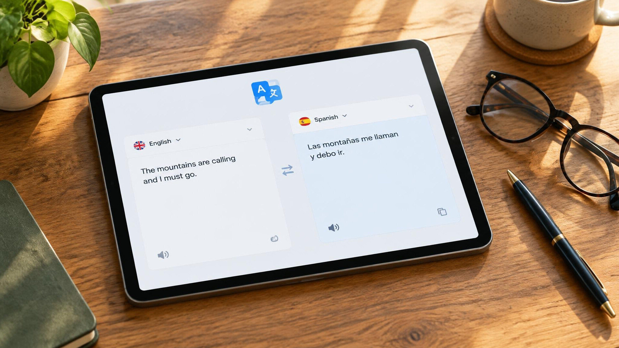 Tablet showing an AI translation application with two language panels