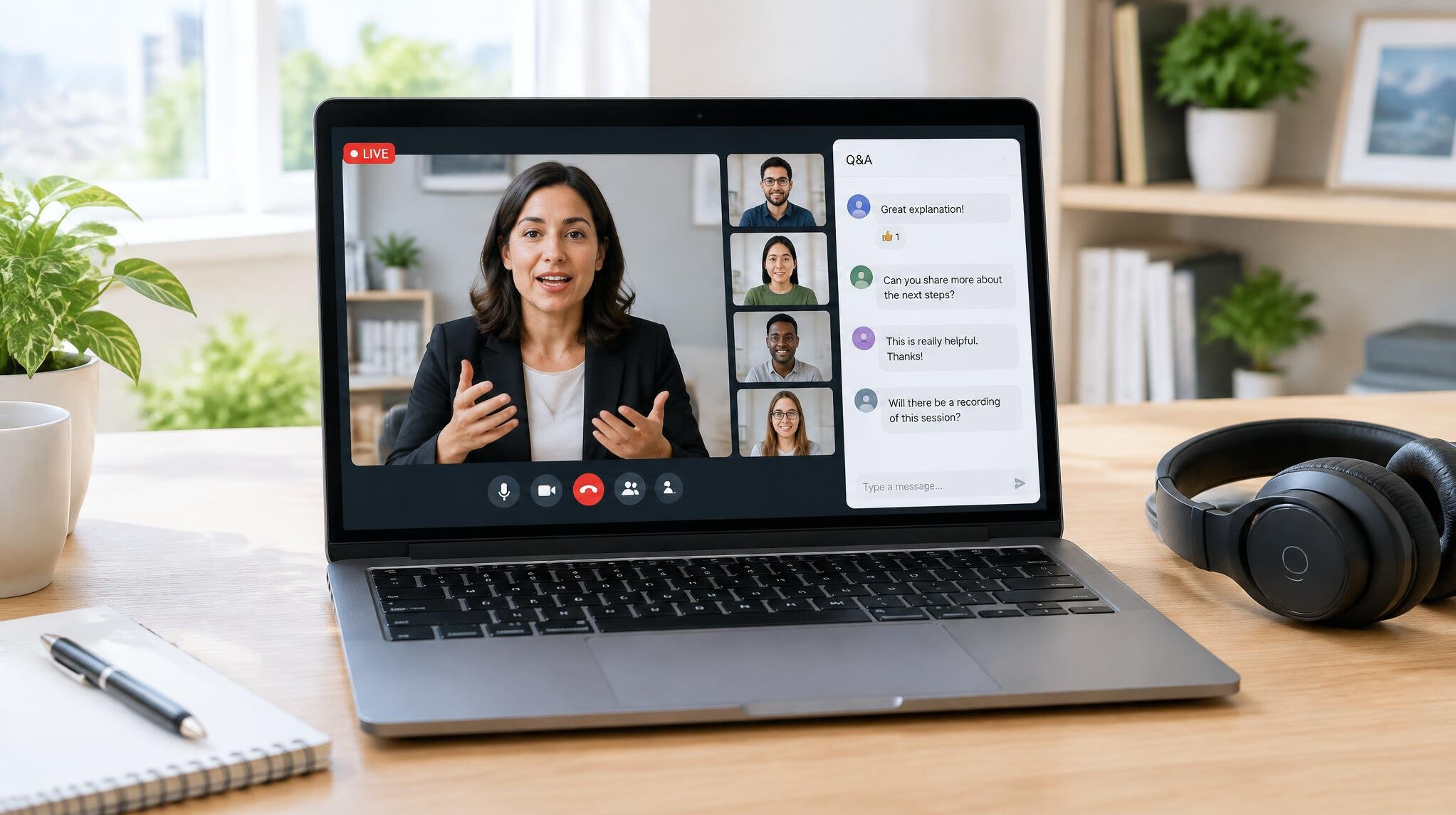 Laptop showing a live online Q and A video session with chat window