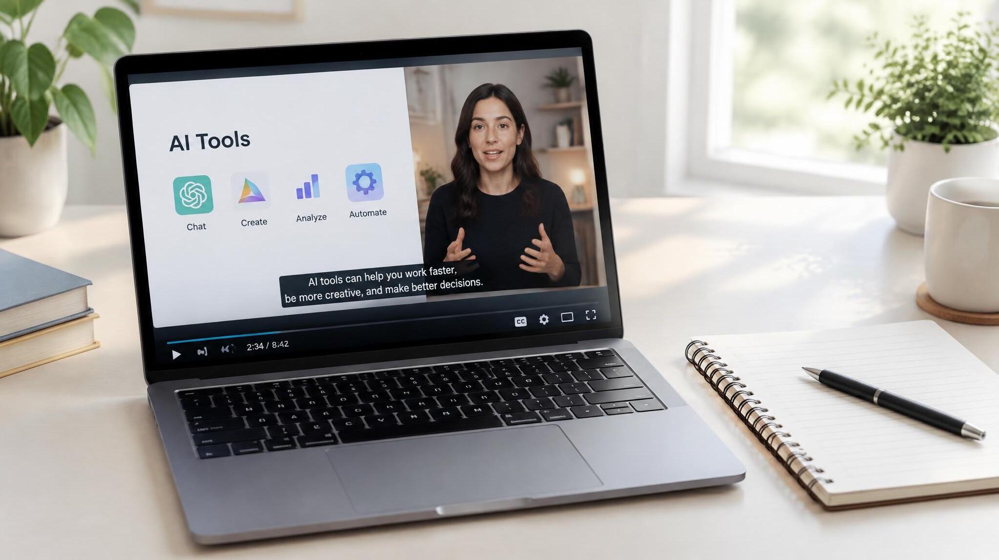 Laptop screen playing an online course video lesson about AI tools with subtitles