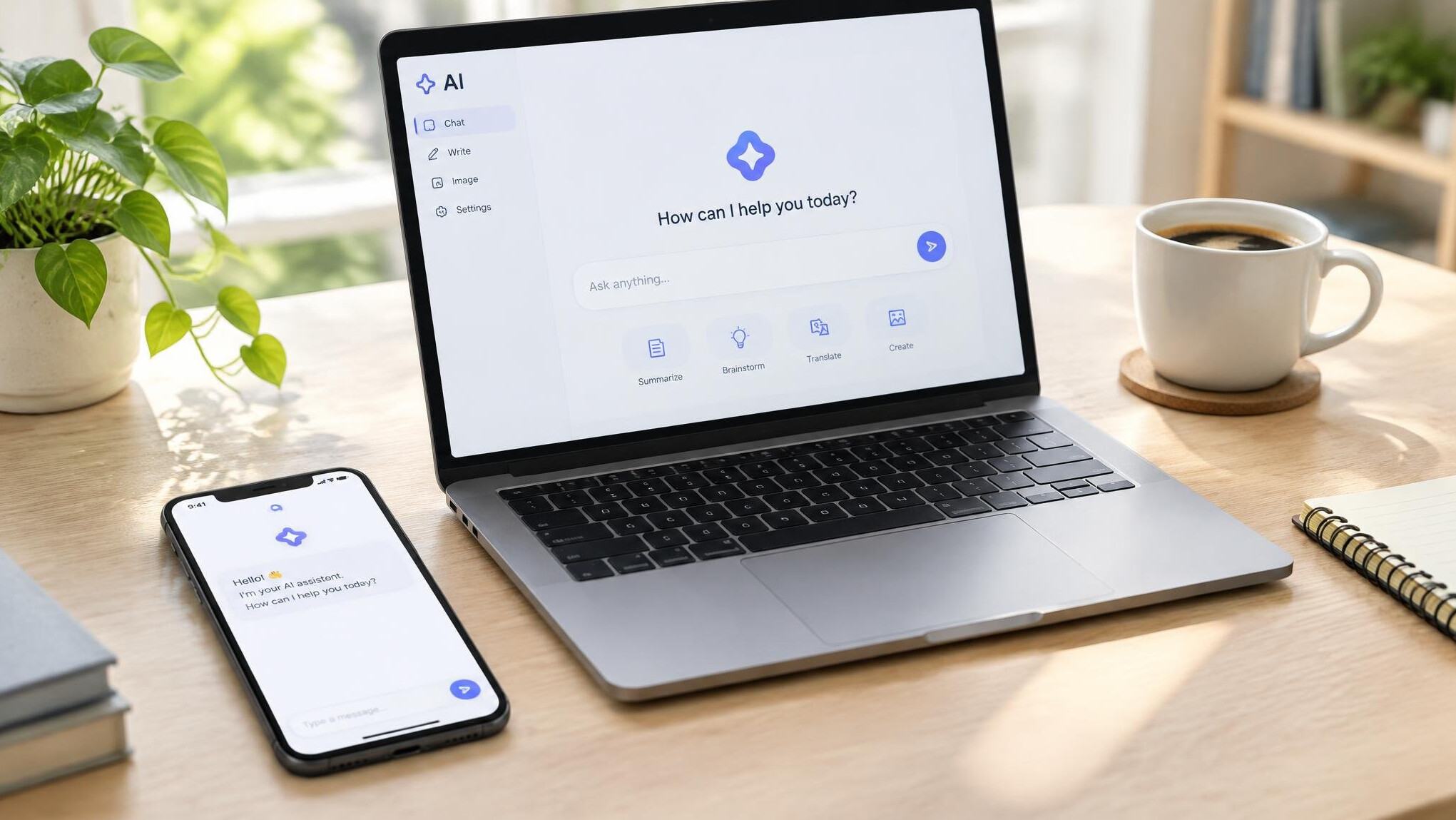Smartphone showing a simple AI chat assistant app next to an open laptop on a desk