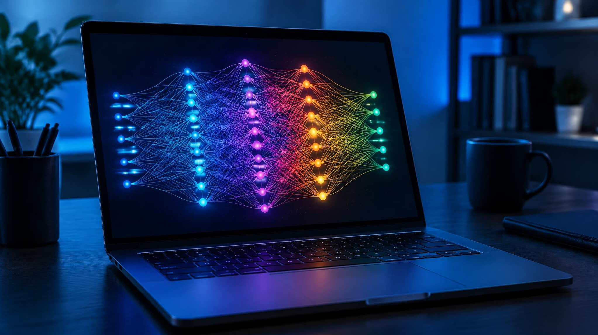 Abstract visualization of a neural network on a computer screen