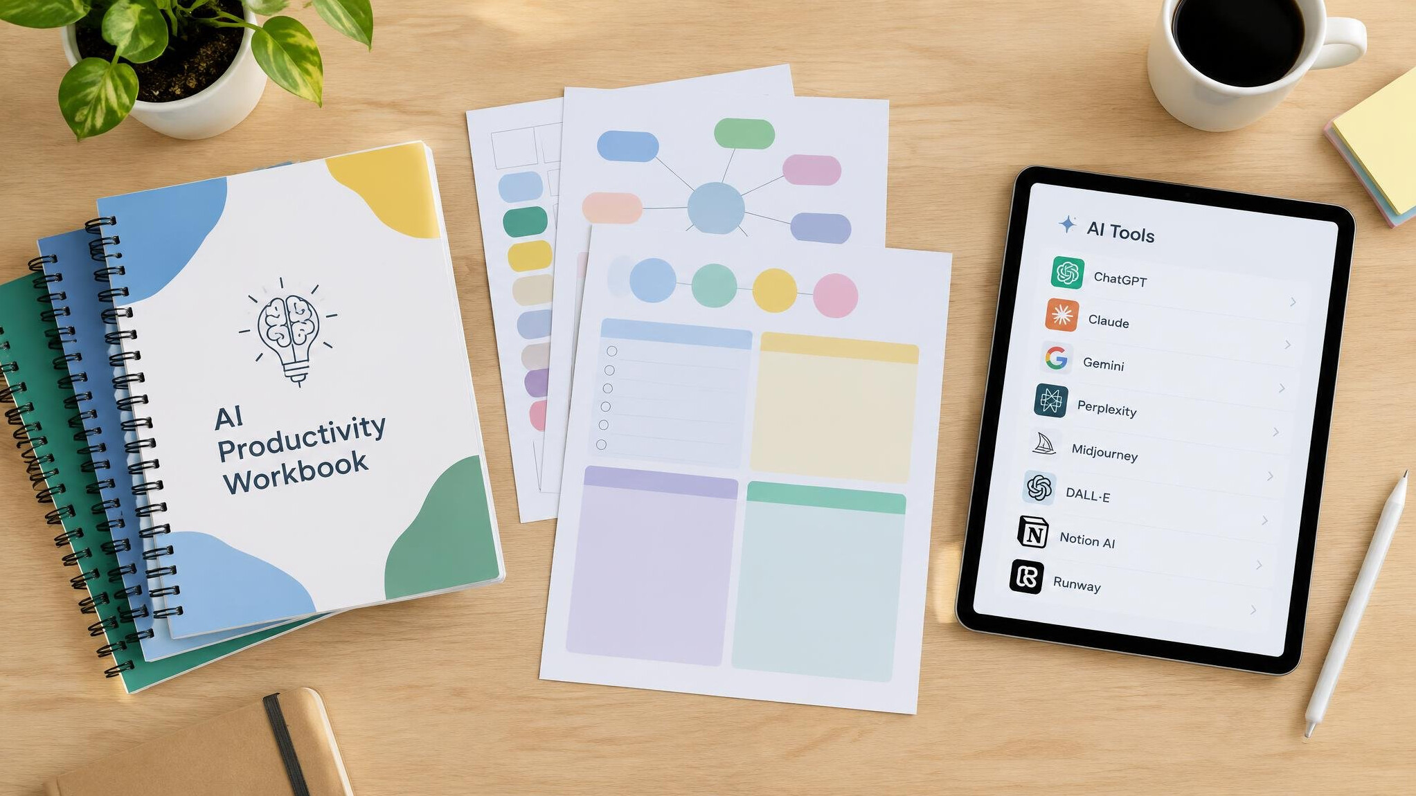 Printed workbooks and templates next to a tablet with an AI tool list